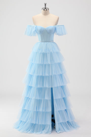 Bleu ciel Épaule Dénudée Corset À Niveaux Robe de demoiselle d’honneur Une Ligne
